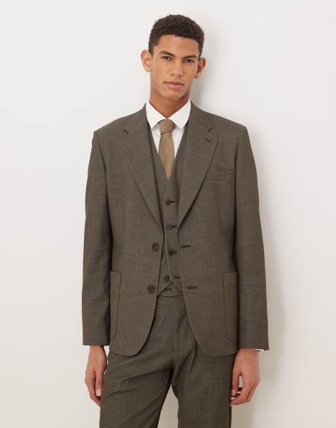 ASOS DESIGN wool-look skinny suit jacket in dark green herringbone - view 1