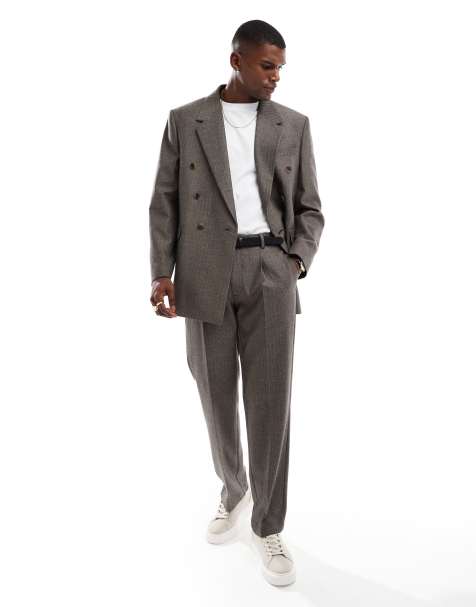 ASOS DESIGN wool look straight leg suit in charcoal herringbone - view 1
