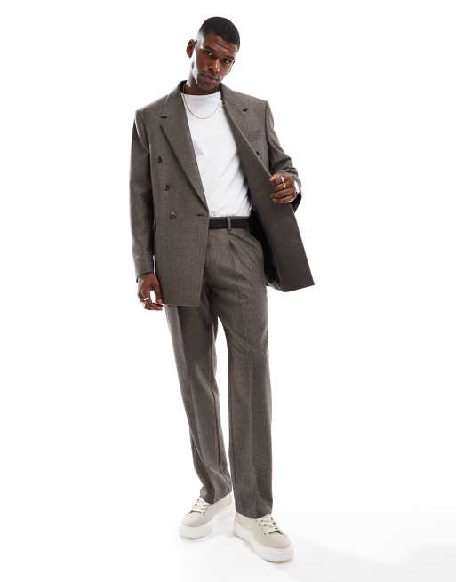 ASOS DESIGN wool look straight leg suit trousers in charcoal herringbone