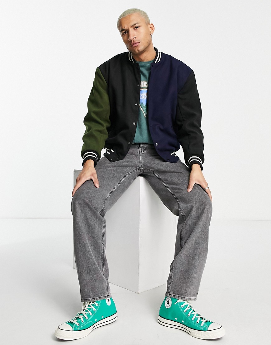 ASOS DESIGN wool look varsity bomber jacket in cut and sew-Blue