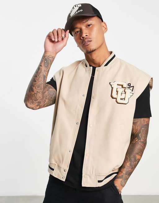 ASOS DESIGN wool look varsity gilet in beige | ASOS