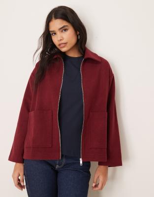 Asos Design Wool Look Zip Through Jacket With Pockets In Burgundy-red