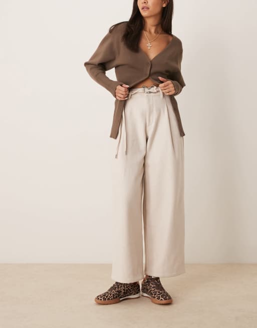 ASOS DESIGN wool mix arched pants with double belt detail in stone