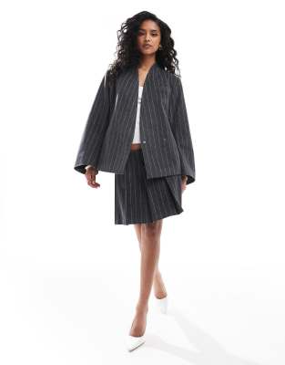 wool mix blazer in charcoal stripe-Gray