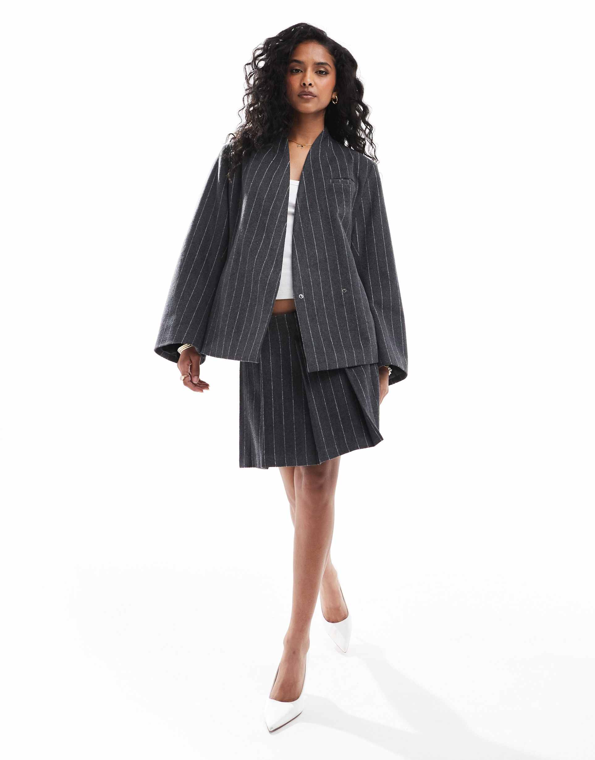asos design wool mix blazer in charcoal stripe