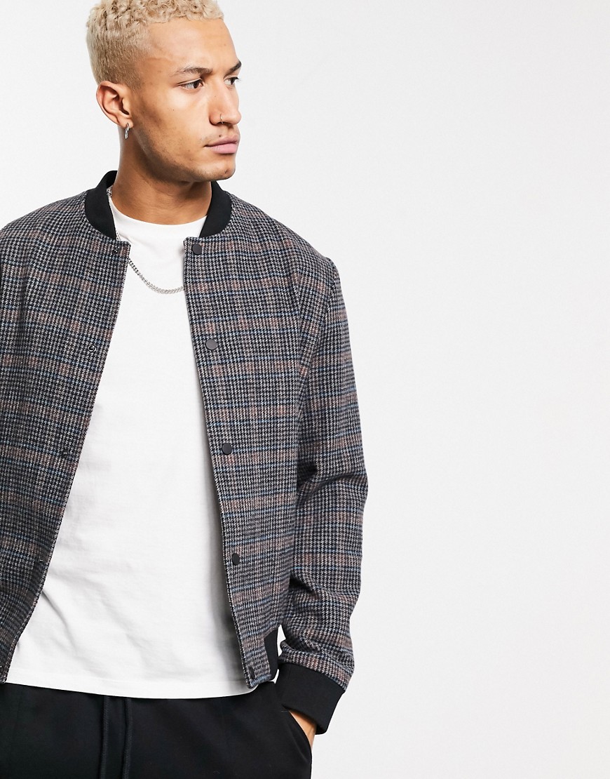 ASOS DESIGN wool mix bomber jacket in dogtooth check-Grey