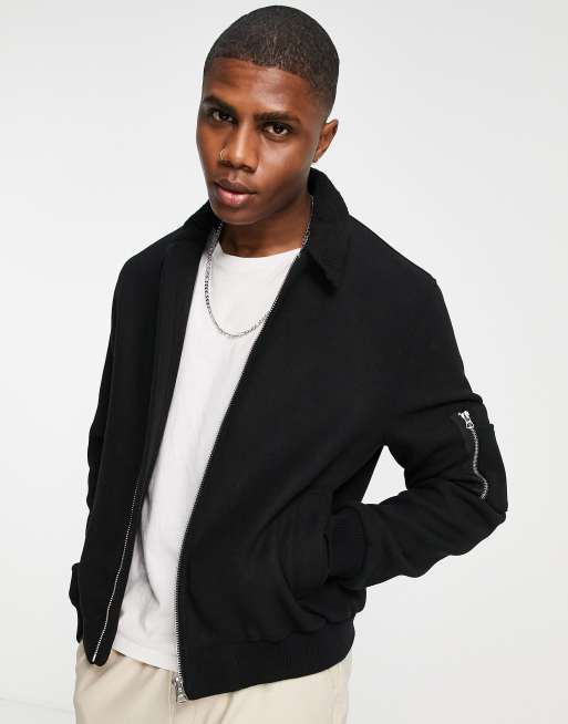 ASOS DESIGN wool mix bomber jacket with borg collar in black ASOS