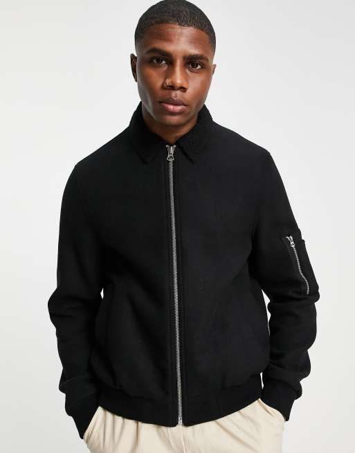 ASOS DESIGN wool mix bomber jacket with borg collar in black