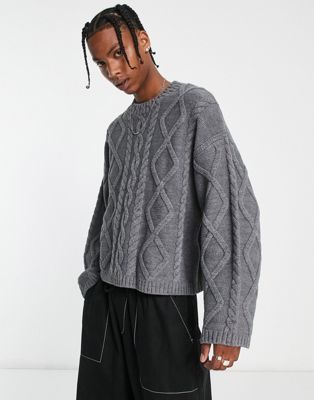 ASOS DESIGN wool mix cable jumper with crew neck in grey - ASOS Price Checker