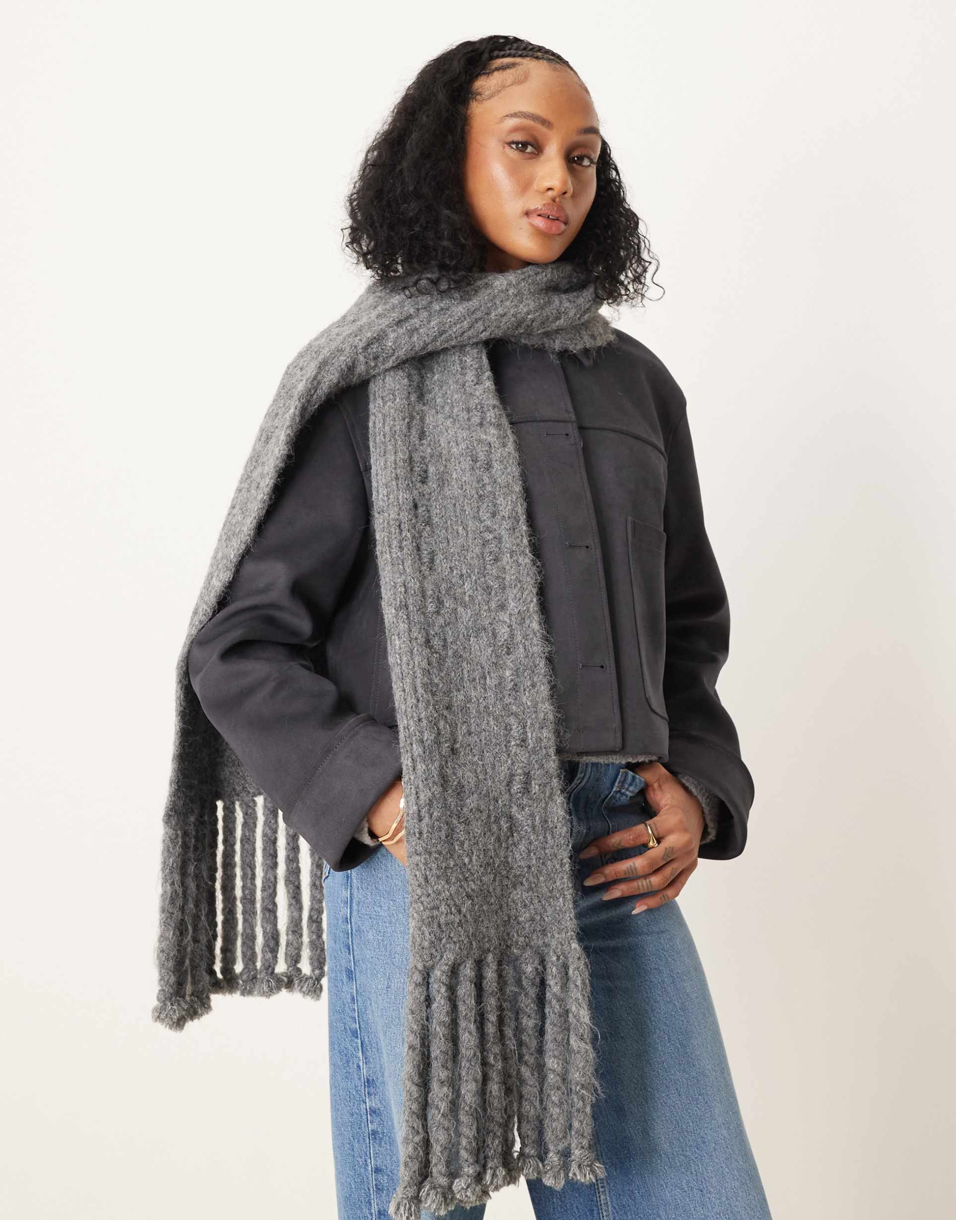asos design wool mix cable knit scarf in charcoal