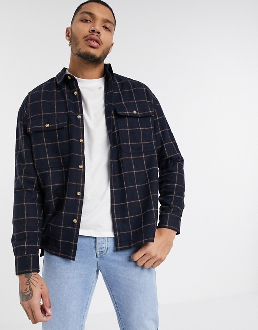 ASOS DESIGN wool mix check overshirt in navy brushed flannel