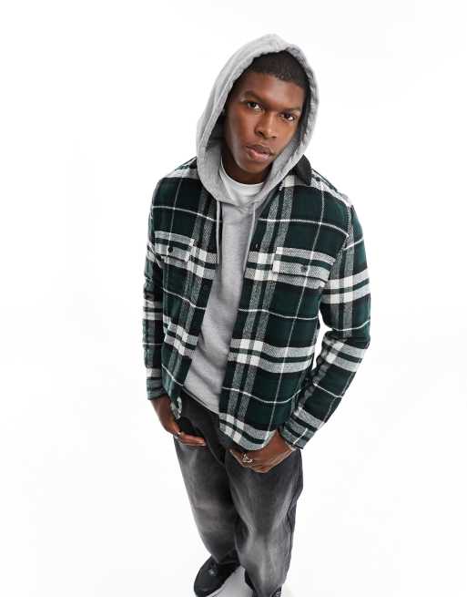 ASOS DESIGN wool mix check overshirt with borg collar in green