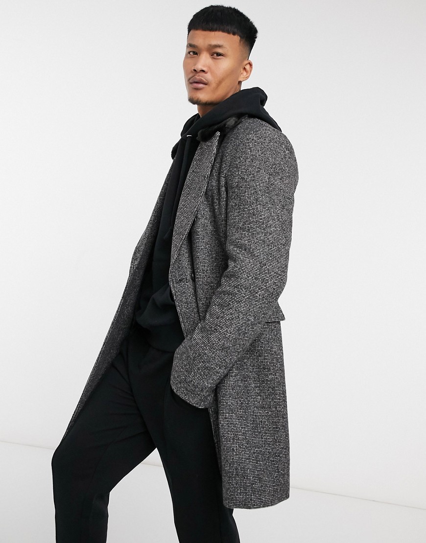 ASOS DESIGN wool mix double breasted coat with faux fur collar in salt and pepper gray-Grey