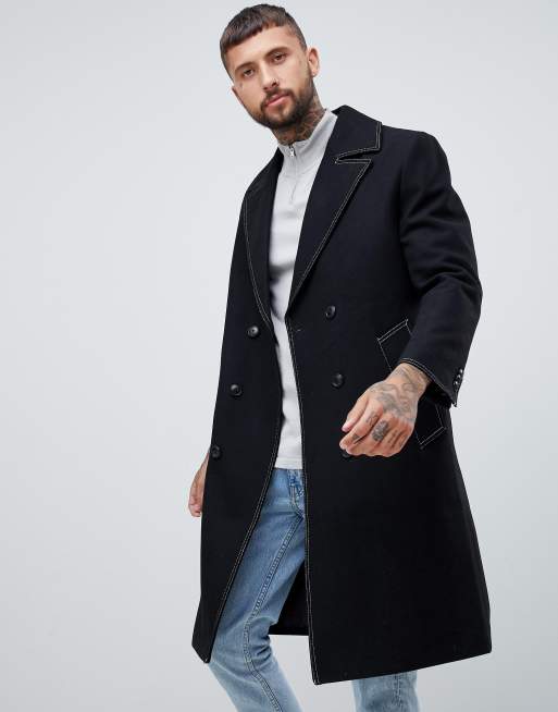 ASOS DESIGN wool mix double breasted overcoat in black