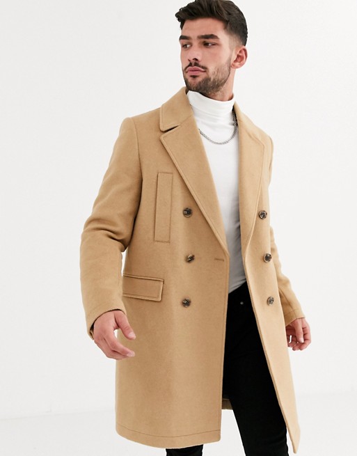 ASOS DESIGN wool mix double breasted overcoat in camel