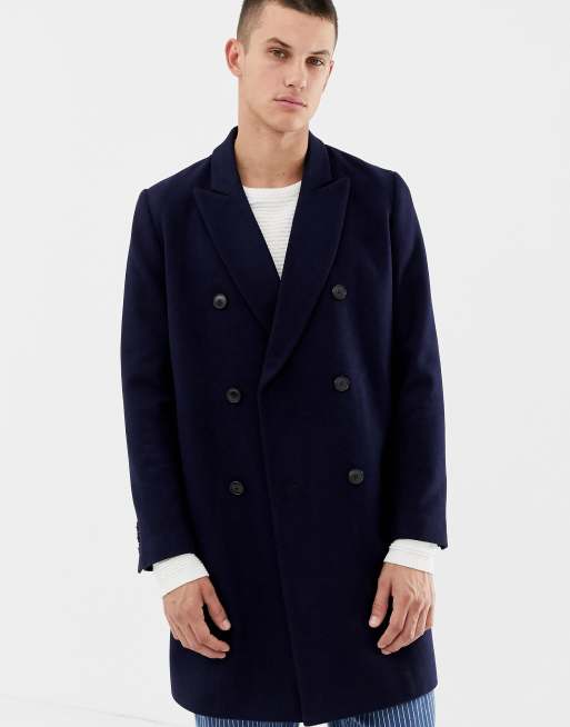 ASOS DESIGN wool mix double breasted overcoat in navy | ASOS