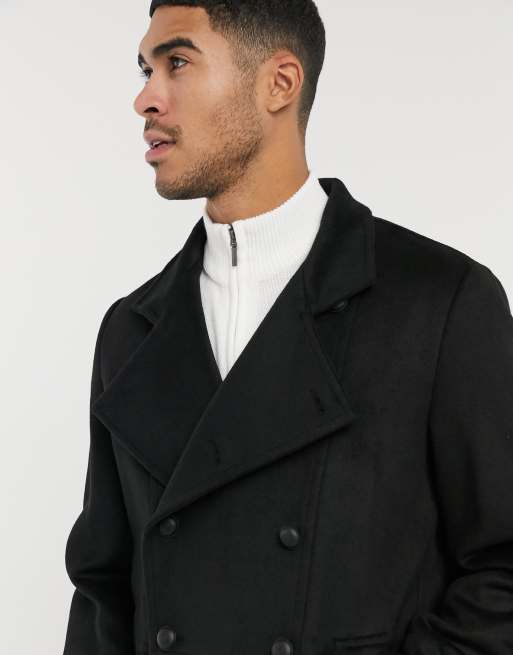 ASOS DESIGN wool mix double breasted overcoat with military detail in black