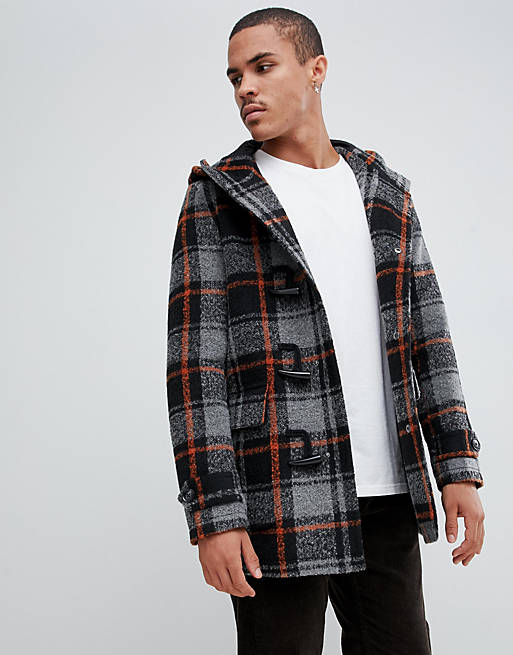 ASOS DESIGN wool mix duffle coat with orange check in black