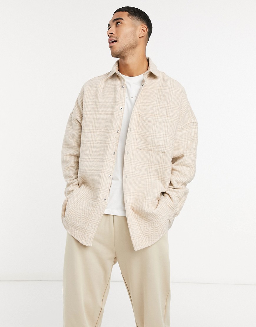 ASOS DESIGN wool mix extreme oversized check shirt in tonal beige with snap buttons-Neutral