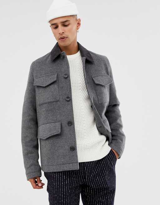 ASOS DESIGN wool mix field jacket with cord collar in charcoal