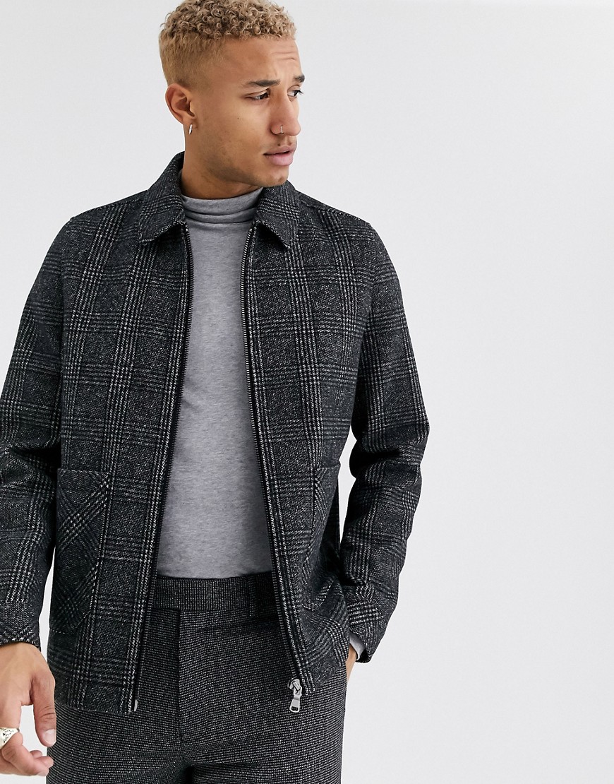 ASOS DESIGN wool mix harrington jacket in grey check-Black