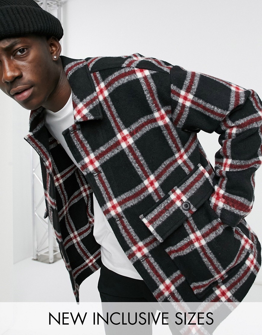 ASOS DESIGN wool mix harrington jacket in red and black check