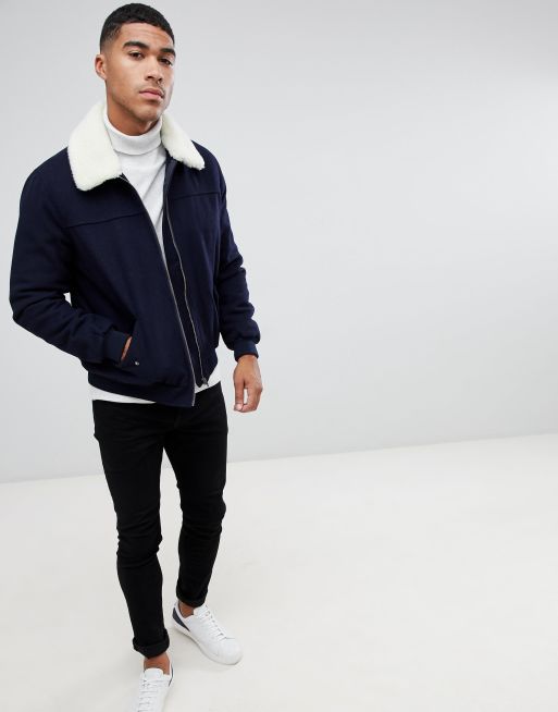 ASOS DESIGN wool mix harrington jacket with borg collar in navy | ASOS