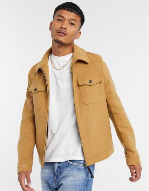 Asos Design Wool Mix Harrington Shacket In Camel Asos