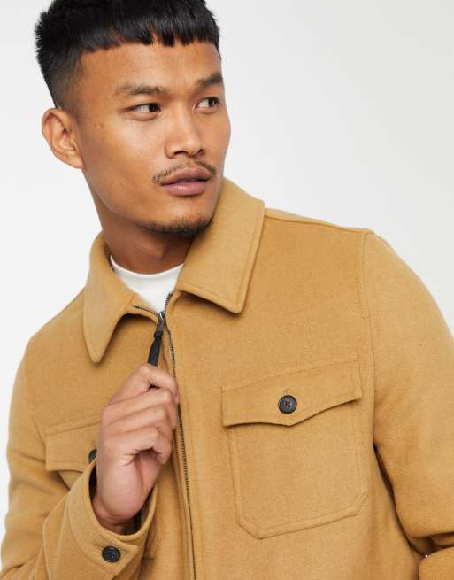 Asos Design Wool Mix Harrington Shacket In Camel Asos