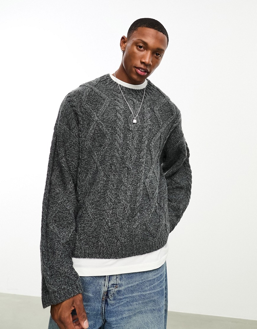 ASOS DESIGN wool mix heavyweight knitted cable jumper in charcoal-Grey