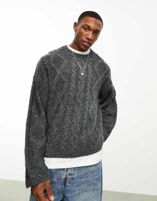 Asos Design Wool Mix Cable Sweater With Crew Neck In Gray