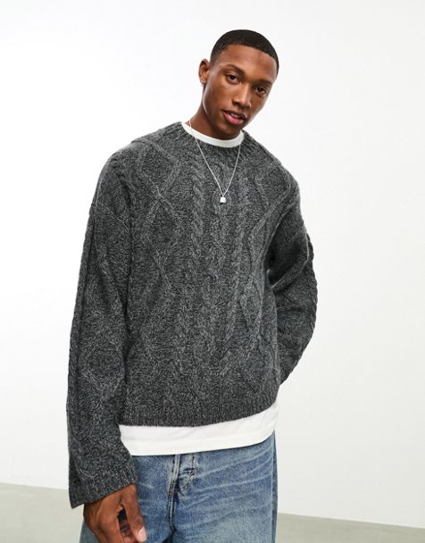 Weekday Unisex Daniel wool blend cable knit sweater in dark gray exclusive  to ASOS