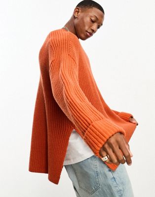 ASOS DESIGN wool mix heavyweight rib jumper with side splits in burnt orange