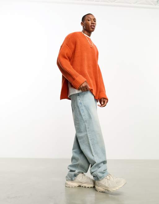 ASOS DESIGN wool mix heavyweight rib jumper with side splits in burnt orange