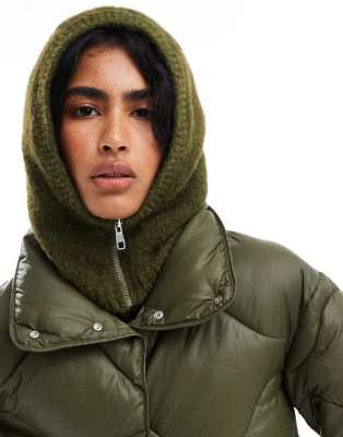 wool mix knit hood in khaki with zip detail-Green