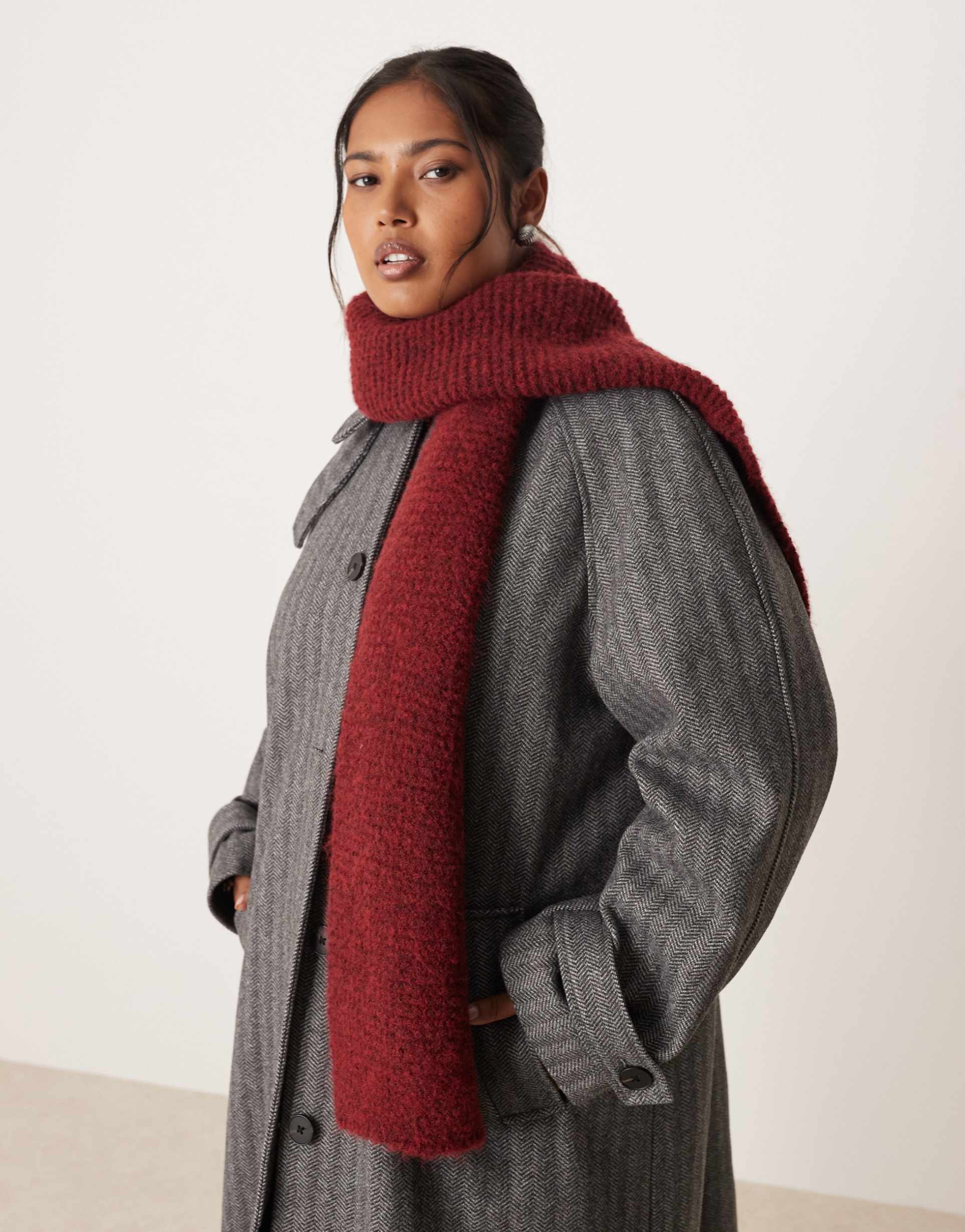 asos design wool mix knit scarf in burgundy