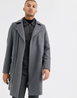 ASOS DESIGN wool mix overcoat in grey with biker detailing | ASOS