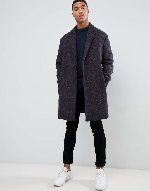 ASOS DESIGN wool mix overcoat in herringbone in brown