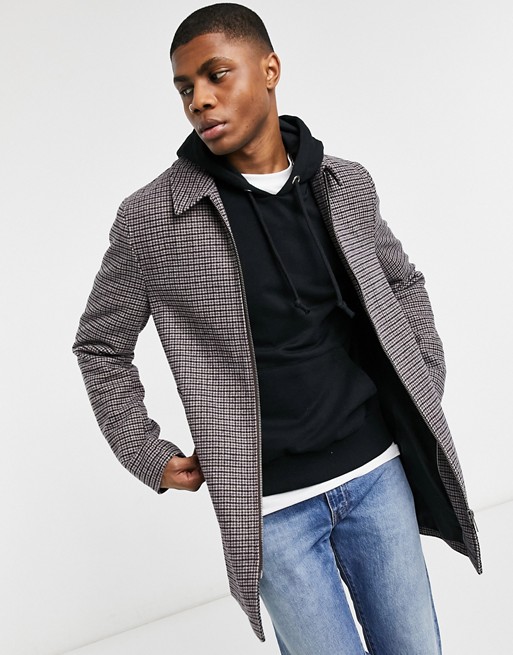 ASOS DESIGN wool mix overcoat in stone check
