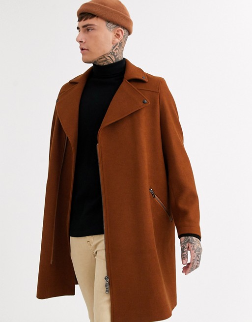 ASOS DESIGN wool mix overcoat in tobacco with biker detailing