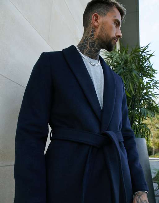 ASOS DESIGN wool mix overcoat with belt in navy | ASOS