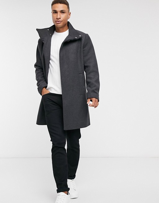ASOS DESIGN wool mix overcoat with funnel neck in charcoal