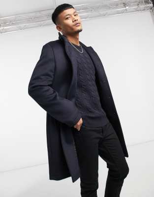 ASOS DESIGN wool mix overcoat with funnel neck in navy