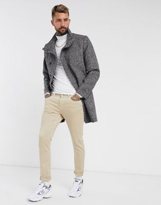 ASOS DESIGN wool mix overcoat with funnel neck in salt and pepper | ASOS