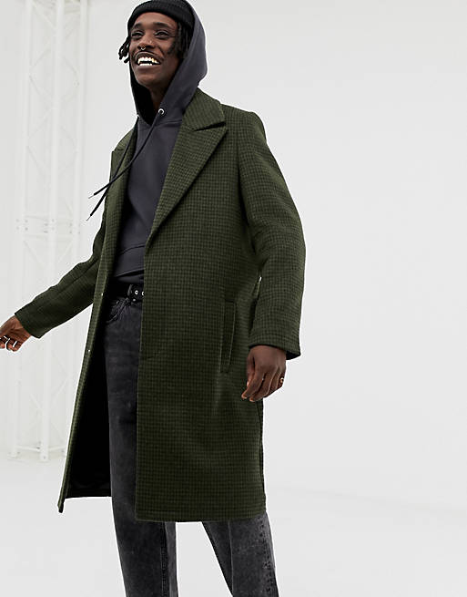 ASOS DESIGN wool mix overcoat with peak lapel in green check | ASOS