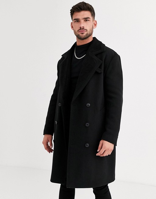 ASOS DESIGN wool mix overcoat with quilted lining in black