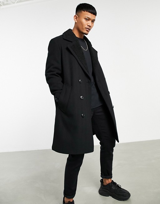 ASOS DESIGN wool mix overcoat with borg lining in black