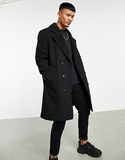 ASOS DESIGN wool mix overcoat with teddy lining in black | ASOS