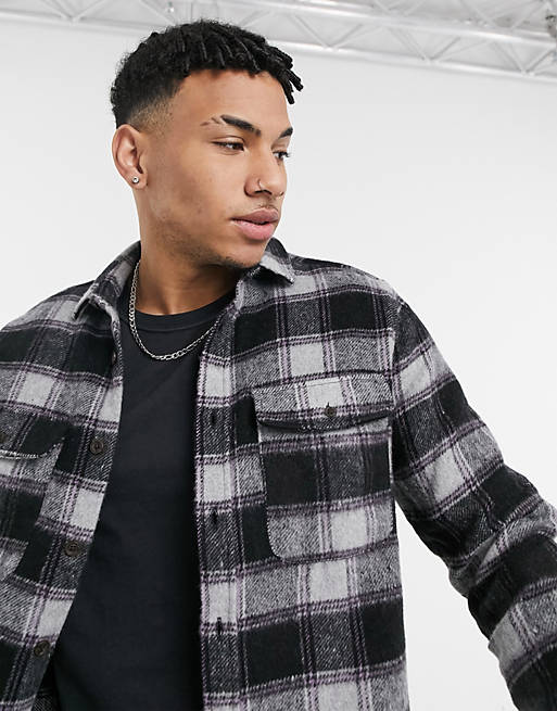 ASOS DESIGN wool mix overshirt in black and purple plaid