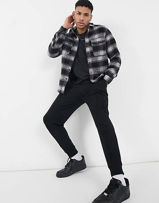 ASOS DESIGN wool mix overshirt in black and purple plaid